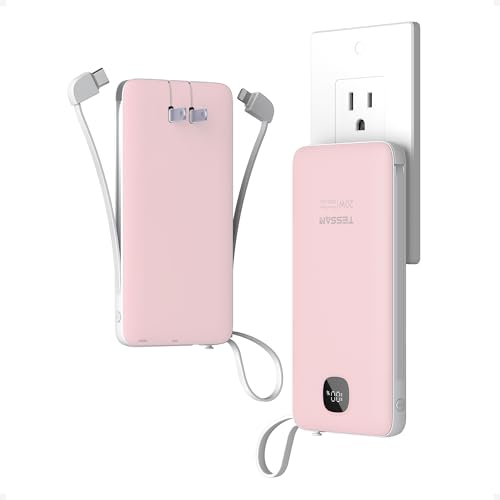TESSAN Portable Charger with Built in Cables, 10000mAh Power Bank Wall Plug - color: Pink