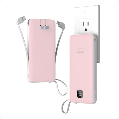 TESSAN Portable Charger with Built in Cables, 10000mAh Power Bank Wall Plug - color: Pink