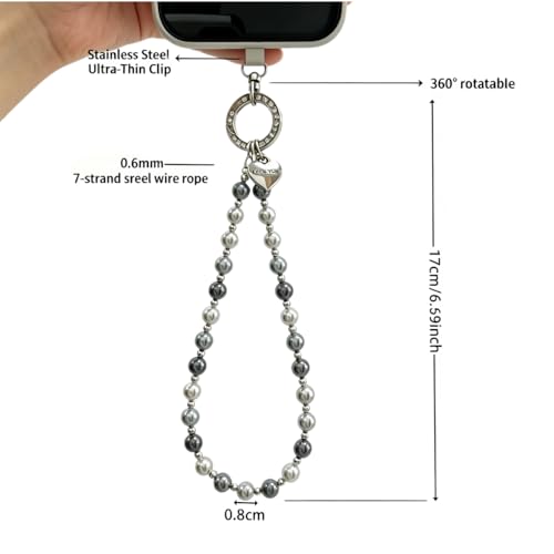 Phone Charm Wrist Strap for Women, Detachable Anti-Theft Cell Phone Case Camera AirPods Bags Keychains Lanyard with Tether Tab for iPhone, Samsung and Most Smartphones, Hand-free Beaded Chain (Black and Gray) - color: Black and Gray