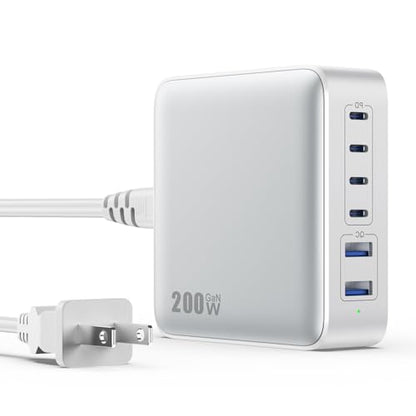 USB C Charger Block 200W[2025 Upgraded] GaN III 6 Port Fast Charging Station Hub,PD 65W USB C Laptop Charger Compatible with MacBook Pro/Air,iPad,iPhone 16/15,Galaxy S23/S24 Steam Deck Dell XPS etc - color: Cool-white, size: 200W