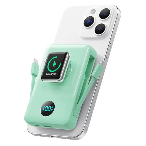 Ekrist Magnetic Portable Charger 10800mAh for MagSafe with Built-in Cable,iWatch Charger,Wireless Power Bank Travel Essentials,25W Fast Charging Battery Pack for iPhone 18/17/16/15,Apple Watch(Green) - color: Green