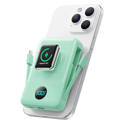 Ekrist Magnetic Portable Charger 10800mAh for MagSafe with Built-in Cable,iWatch Charger,Wireless Power Bank Travel Essentials,25W Fast Charging Battery Pack for iPhone 18/17/16/15,Apple Watch(Green) - color: Green