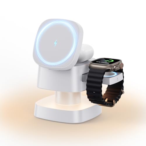 4 in 1 Magnetic Wireless Charging Station,15W Fast Charging with Adjustable Night Light,3 in 1 Wireless Charging Station for iPhone 17/16/15/14/13/12/11 Pro Max & Apple Watch,AirPods (White) - color: White