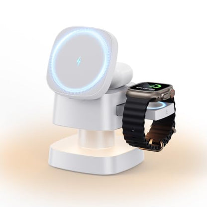 4 in 1 Magnetic Wireless Charging Station,15W Fast Charging with Adjustable Night Light,3 in 1 Wireless Charging Station for iPhone 17/16/15/14/13/12/11 Pro Max & Apple Watch,AirPods (White) - color: White