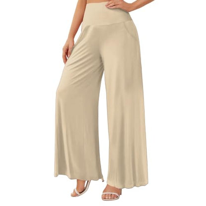 Women's Palazzo Lounge Wide Leg Casual High Waist Flowy Pants with Pockets - color: 01-beige, size: Large