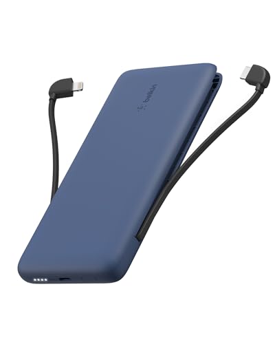 Belkin 10K 23W Portable Charger Power Bank, Integrated USB C and LTG Cables - Recommended Uses for Product - color: Blue