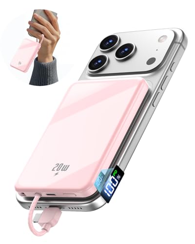10000mAh Portable Charger, 20W Fast Charging, Built-in Cables with Handle | Charge from 20% to 85% in 30 Mins, 30% Smaller, magnetic grip, Stays Cool, LED Display, for iPhone, Samsung, Android Phones - color: 04.Pink