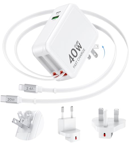 40W Retractable Wall Charger, Universal European UK Travel Plug Adapter Kit - color: White