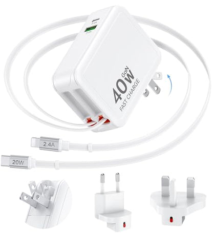 40W Retractable Wall Charger, Universal European UK Travel Plug Adapter Kit - color: White