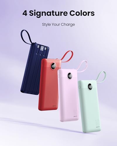 Portable Charger with Built-in Cable, 10000mAh Slim USB C Power Bank, External Battery Pack 5 Outputs 2 Inputs LED Display Compatible with iPhone/Android & More (Lavender) - color: Lavender