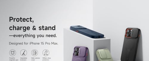 SURITCH for iPhone 15 Pro Max Case with Magnetic Camera Slide Cover and Adjustable Kickstand, Compatible with MagSafe, Shockproof Bumper Case Slim Protective Cover 6.7 Inch, Dark Purple - color: Dark Purple, size: IPhone 15 Pro Max-6.7"