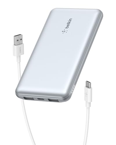 Belkin 10000mAh 15W 3 Port Power Bank, USB A to USB C Cable Included | Fast Charging, iPhone 17, Samsung Galaxy, Pixel, Airpods, iPad, Nintendo Switch 2, Battery Pack, USB C Port, USB A Port - color: Pearl Blue