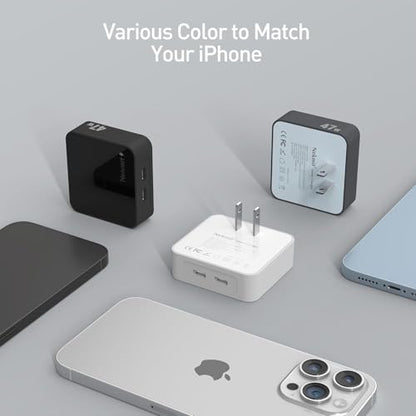 Nekmit Flat USB C Wall Charger, 47W Dual Ports USB C Charger Block, PPS Fast Charging Wall Plug for iPhone 17/17 Pro/17 Pro Max, Galaxy, MacBook Air, iPad, AirPods and More - color: Black