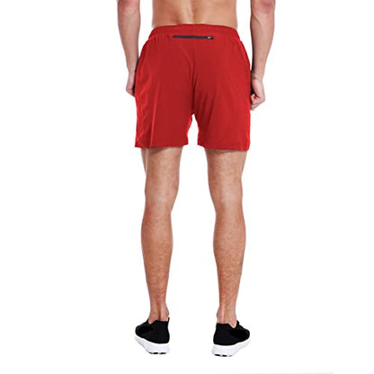 EZRUN Men's 5" Athletic Running Shorts Quick Dry with Liner Zip Pocket - color: Red, size: Small