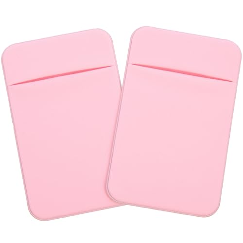 2pcs Adhesive Phone Wallet Holder with Elastic Stretch Fabric, Credit Card Storage Sleeve for Mobile Phone Back, Light Pink Sticky Cellphone Card Pocket for Travel and Daily Use