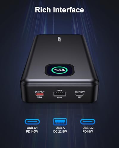 140W Laptop Power Bank, 25000mAh with TFT Smart Digital Display - color: Dark Gray