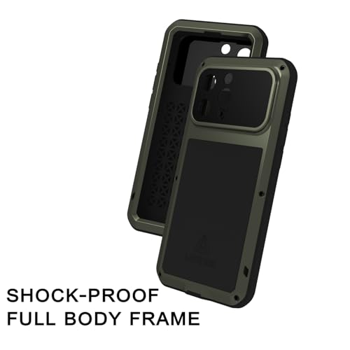LOVE MEI Military Rugged Case for iPhone 16 Pro Max, with Tempered Glass Screen Protector, Shockproof Dustproof Scratch Proof Hybrid Metal and Silicone Gel Heavy Duty Full Body Cover Green - color: Green