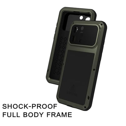 LOVE MEI Military Rugged Case for iPhone 16 Pro Max, with Tempered Glass Screen Protector, Shockproof Dustproof Scratch Proof Hybrid Metal and Silicone Gel Heavy Duty Full Body Cover Green - color: Green