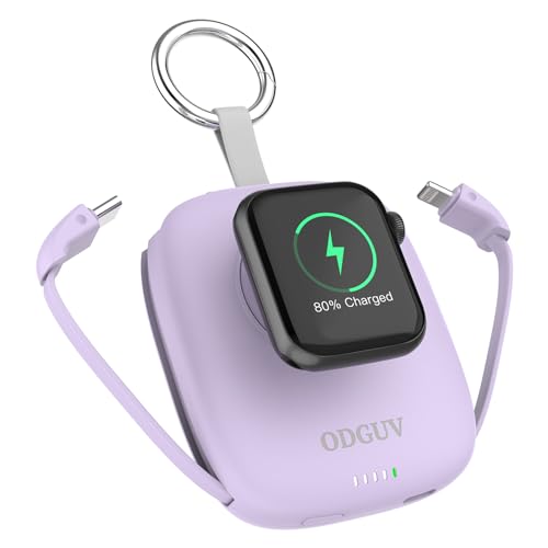 Small Portable Charger 5000mAh,iWatch Wireless Charger Mini Power Bank with Built-in Cable,Travel Keychain Charger for Apple Watch 11/10/9/8/Ultra/7/6/Se/5/4,iPhone 17/16/15/14/13/12,Android Phone - color: Purple