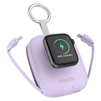 Small Portable Charger 5000mAh,iWatch Wireless Charger Mini Power Bank with Built-in Cable,Travel Keychain Charger for Apple Watch 11/10/9/8/Ultra/7/6/Se/5/4,iPhone 17/16/15/14/13/12,Android Phone - color: Purple