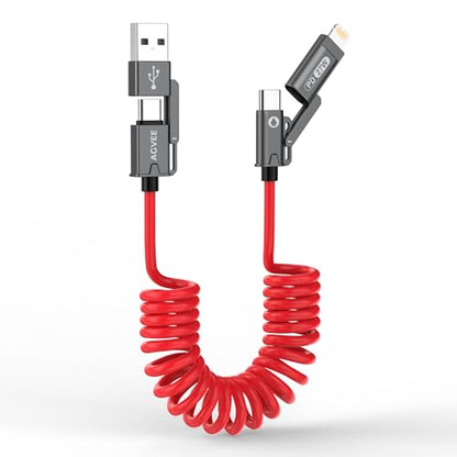 AGVEE 3ft 4-in-1 Coiled Multi Charging Charger Data Transfer Cable - color: Red, size: 3ft