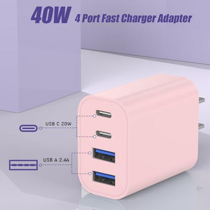 USB Fast Charging Block, 4-Port 40W Charge Adapter Pink iPhone Apple USB C - color: Pink