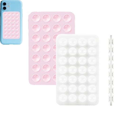 Rookii 2Pcs Suction Phone Holders Double-Sided,Hands-Free Silicone Suction Pad Sticky Phone Grip,Non Slip Case Sticky Pad Grip for Stand,Shower Mirror and Car Selfie (Pink White) - color: pink white