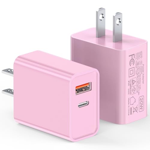 [2 Pack] 20W USB C Charger Block, Fast Charging Dual Port Wall Charger - color: Pink