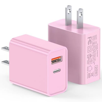 [2 Pack] 20W USB C Charger Block, Fast Charging Dual Port Wall Charger - color: Pink