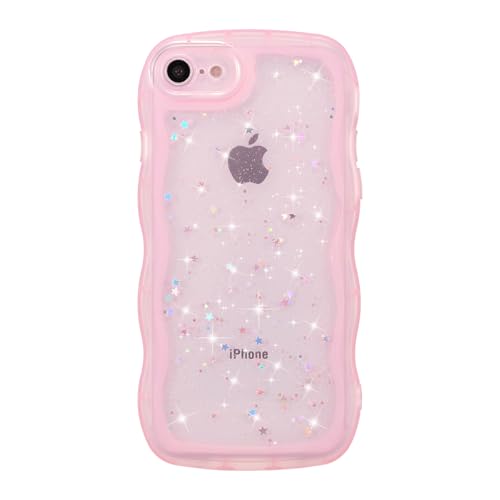 ZTOFERA for iPhone 7/8/SE Case 4.7",Cute Curly Wave Case with Star Glitter,Clear Shiny Bling Soft TPU Shockproof Phone Protecive Cover for Women Girls-Pink - color: Pink, size: for iPhone 7/8/SE 4.7"