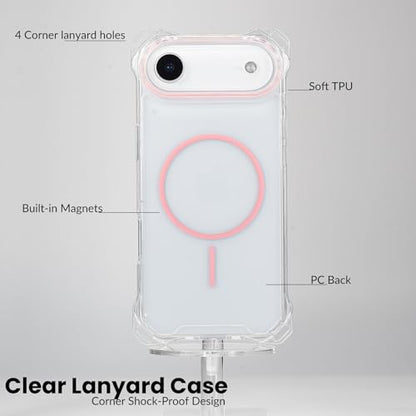 Magnetic for iPhone Air Crossbody Phone Case,Clear/Pink,Clear Magnetic Soft Frame PC Back Shockproof Protective Phone Cover with Adjustable Detachable Lanyard,Compatible with MagSafe - color: Clear/Pink, size: iPhone Air