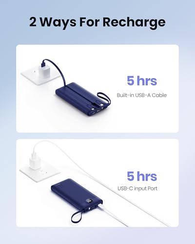 Portable Power Bank, Compact 10000mAh Portable Charger with 4 Cables, USB C Battery Pack 5 Outputs 2 Inputs LED Display Compatible with iPhone/Android & More (Navy Blue) - color: Navy Blue