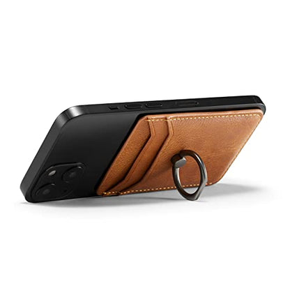 Card Holder Sleeve with Ring, RFID Credit Wallet Synthetic Leather Stick On Back Grip for iPhone Samsung Smartphone - Brown - color: Cow Brown