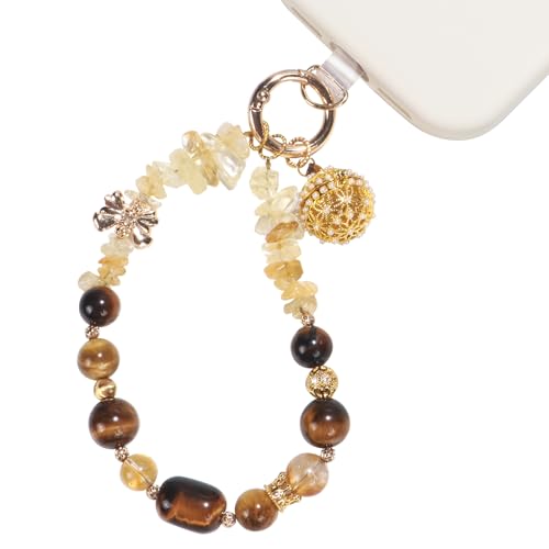 TEAMOLA Natural Stone Phone Charm - Crystal Phone Beaded Wrist Strap - color: Gold & Yellow & Black