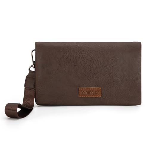 Wrangler Crossbody Wallet Wristlet Large Capacity Wallet Women RFID Blocking Bifold Large Long Clutch Credit Card Holder Purse with Crossbody Strap - color: B-coffee
