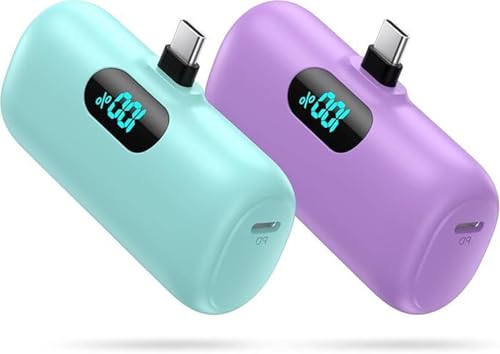 [2 Pack]Small Portable Charger for iPhone 17/16/15 Series,5000mAh 3A PD USB C Power Bank, Mini Travel Essentials Battery Pack for iPhone 17/17 Pro/16/16 Plus/16 Pro/15 Pro Max,Samsung,Android/LG etc - color: Purple+green