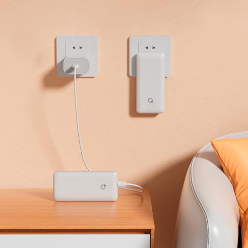 Brand Q Portable Charger with Built-in Cables and AC Wall Plug,Slim USB C Travel Essential Power Bank 10000mAh,External Battery Pack Compatible with iPhone,Samsung,Tablet and All Smart Phones - color: White