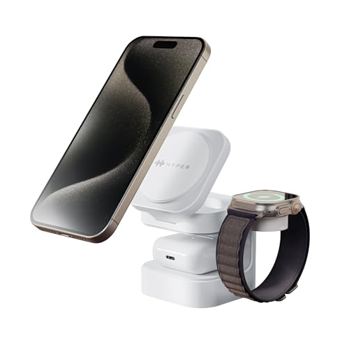HyperJuice 3-in-1 Wireless Charger Qi2 Magnetic Stand — Fast Charger for iPhone, Apple Watch, Airpods, & Qi Compatible Devices — Compact and Adjustable 3 in 1 Design - style: 3-in-1