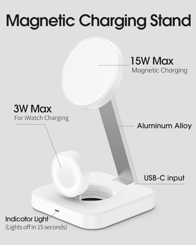 Wireless Charging Station for Magsafe Charger, Wireless Charger for iPhone 17/16/15/14/13 Series/Apple Watch/AirPods Pro, Faster Magnetic Charger Stand, Adjustable Angle Foldable Travel Phone Holder - color: White