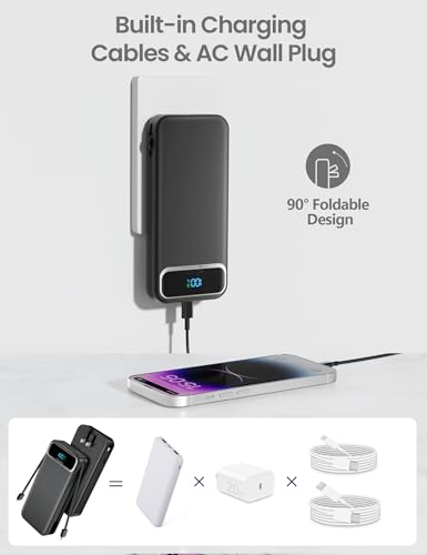 aonidi Portable Charger 12000mAh with Built-in Cables&AC Wall Plug, Black - color: Pitch Black