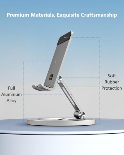 Phone Stand for Desk, 360° Rotating Dual Adjustable Foldable Cell Phone Holder, Heavy Solid All-Aluminum Base Anti-Slip Stable Support for Home Office Study, Fits iPhone Galaxy 4-8" Phones - color: Silver+Silver