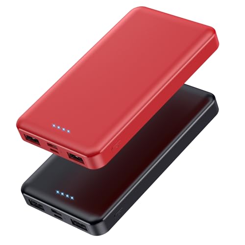 [2 Pack] Portable Charger Power Bank 10000mAh,Ultra Slim Compact External Battery Pack with USB C Input & Dual USB Outputs Backup Charger Compatible with iPhone 13,12, Samsung S20,Tablet-Black+Red - color: Black+Red