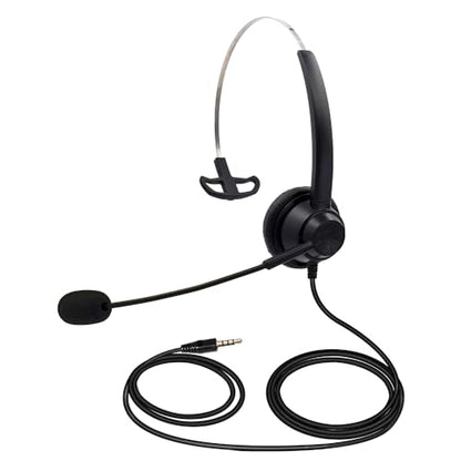 Single Sided Wired Headset with 3.5mm Connector and Rotating Microphone - Mono Headphone Compatible with PC Laptop Computer and Mobile Devices - Adjustable Steel Headband