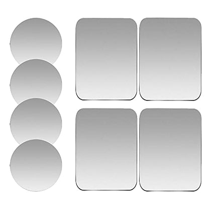 SALEX Replacement Metal Plates Set 8 Pack for Magnetic Car Phone Holders, Wall, Air Vent Mounts, Cases, Magnets. Kit of 4 Silver Round and 4 Rectangular Iron Discs Without Holes. 3M Adhesive Backing. - color: Mix 8 pack