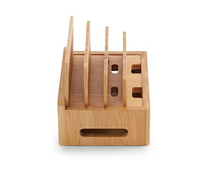 Bookaholic Bamboo Multi-Device Charging Station & Organizer - Rustic Elegant Desktop Dock for Smartphones, iPhone, iPad & Tablets - USB Compatible - Eco-Friendly