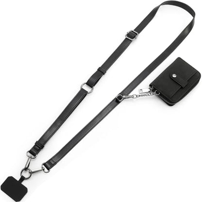 Diaclara Clip and Go Leather Phone Strap with Zipper Pouch- Stylish Crossbody Adjustable Lanyard with Wallet for All Phones, Black - color: Leather Black