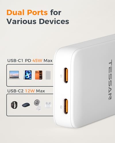 USB C Wall Charger Block PD 65W, TESSAN Flat Fast Phone Charger Foldable - size: 2 USB-C, PD 65 W