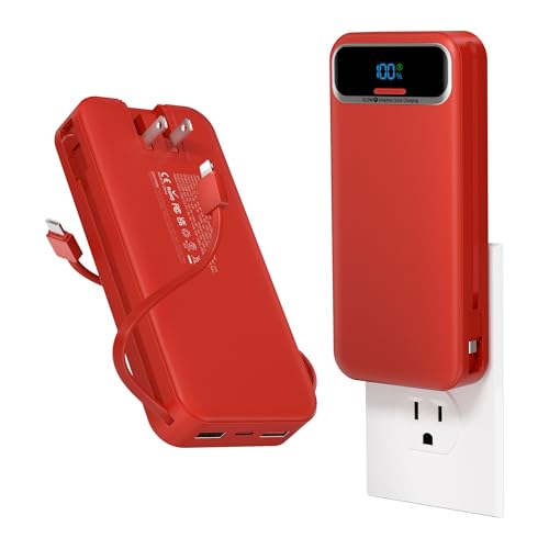 aonidi Portable Charger 20000mAh with Built-in Cables&AC Wall Plug, Red - color: Crimson