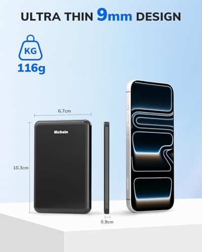 Hichain Magnetic Portable Charger, 5000mAh Wireless Magnetic Power Bank for iPhone 17-12 Series, Magnetic Battery Pack Safe Charging with 60W USB C Charging Cable - Black - color: Black