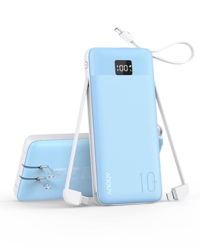 Portable Charger 10000mAh Power Bank w/Built-in 3 Cables & AC Wall Plug - color: Blue